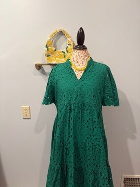 Green Eyelet Tiered Midi Dress